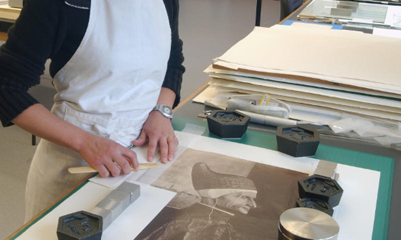 A close up view of Paper Conservation work at the Museum