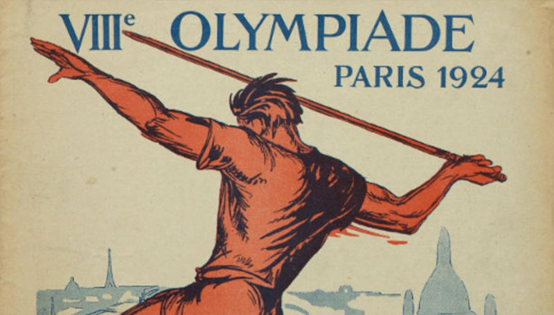 Poster for the Paris 2024 Olympics, the VIII Olympiad, with an illustration of a javelin thrower