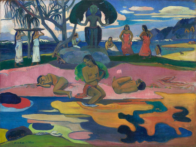 Richly coloured painting of Mahana no atua (Day of the God), by Paul Gauguin, 1894. Courtesy Chicago Art Institute of Chicago /  Helen Birch Bartlett Memorial Collection