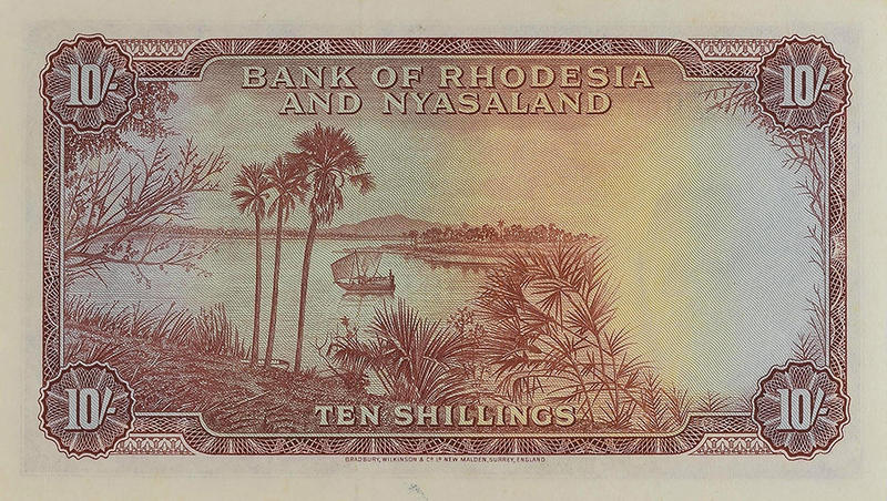 British Rhodesian Ten shilling banknote recto showing a landscape with trees in sepia