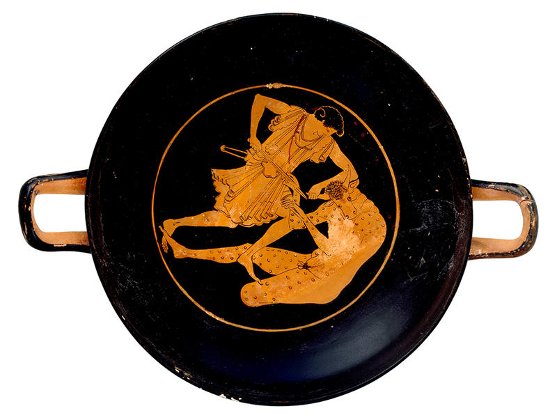 Attic red-figure cup from Ancient Crete's Knossos showing Theseus defeating the Minotaur