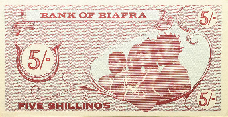 A Biafran banknote from the 1960s showing a bronze manilla design