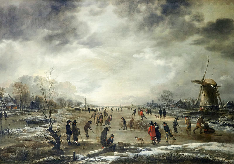 A Winter landscape with skaters on a frozen river, Aert van der Neer, c. 1645 Dutch skating winter landscape by Van Neer