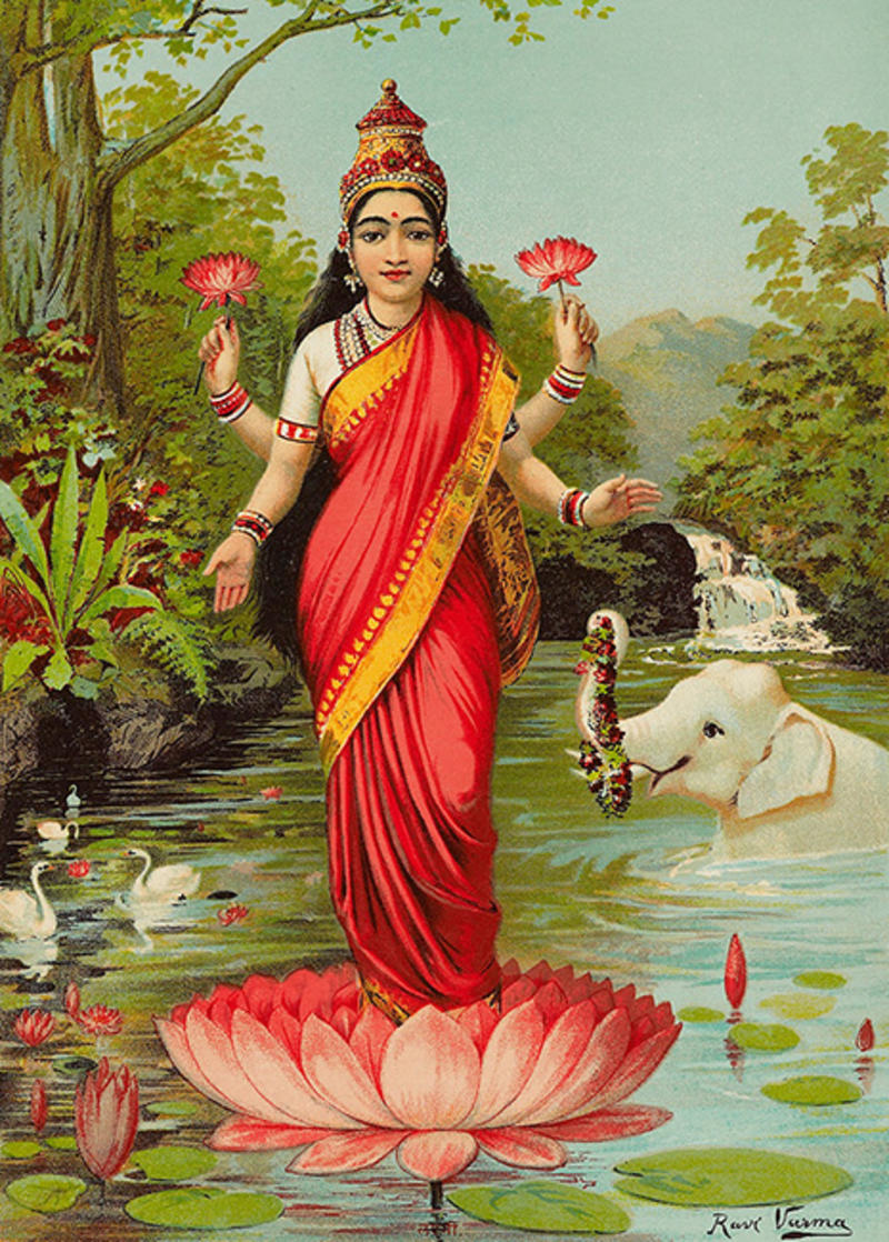 Lakshmi, Hindu goddess of wealth, 20th century, colourful chromolithograph on paper showing the goddess on a lotus leav in water with animals behind here