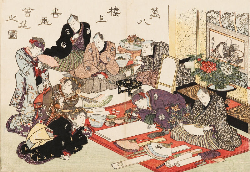 Japanese woodblock print showing a scene with Kabuki actors eating