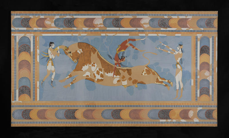 Watercolour copy of a fresco painting at the palace of Knossos, of two figures and an enormous bull in the centre