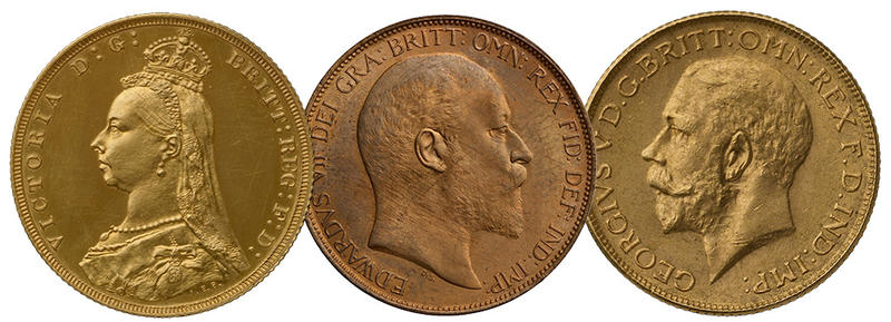 Three coins showing Queen Victoria facing left, Edward VII facing right and George V facing left showing their profiles