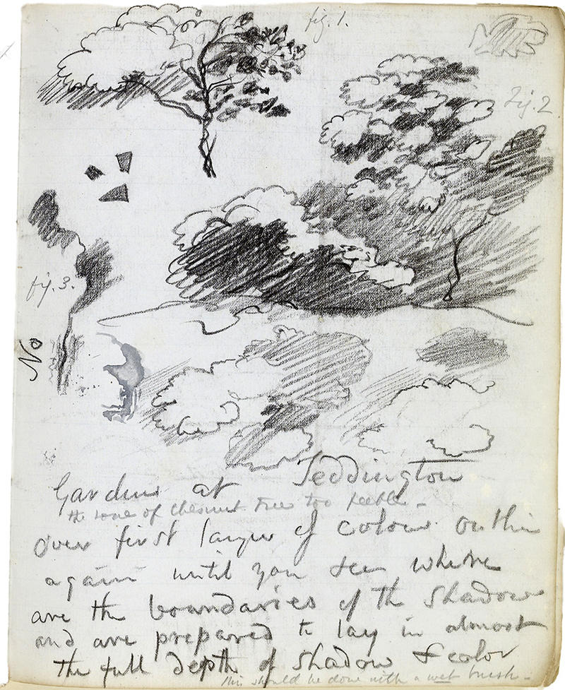 Black and white sketch and notes taken during lessons in watercolour painting, from Samuel Palmer to Louisa Twining, 1856
