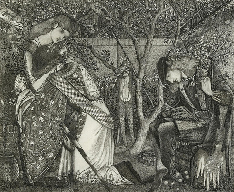 Black and white drawing on vellum in a richly detailed garden setting of a knight saying farewell to his lover by the Pre-Raphaelite artist Burne Jones