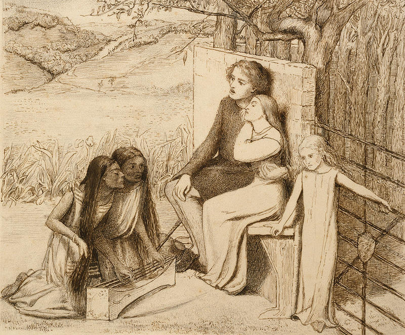 Pen and brown ink drawing of two lovers sat on a bench with rolling hills behind, listening to music with three friends gathered round by Pre-Raphaelite artist Elizabeth Siddal