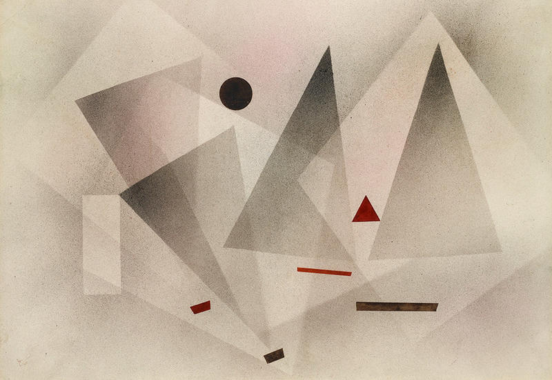Moving Veils drawing by Kandinsky with geometric and triangular shapes in greys, cream and browns