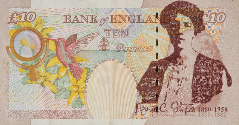 Notable Women - Defaced British Bank Note, Paula Stevens Hoare, 2014, brown & multicolour print £10 note, with Darwin over-stamped by a portrait of botanist Marie Stopes (reverse) © Paula Stevens-Hoare | Ashmolean Museum A brown & multicolour print of a defaced British £10 banknote by artist Paula Stevens Hoare. Darwin's head is overprinted with the portrait of British botanist Marie Stopes