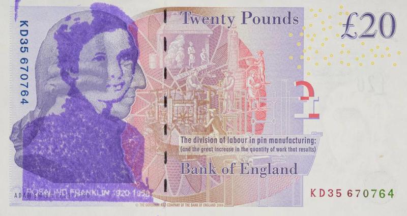 Notable Women - Defaced British Bank Note, Paula Stevens Hoare, 2014, purple & multicolour print £20 note, with Adam Smith over-stamped by a portrait of chemist Rosalind Franklin (reverse) © Paula Stevens-Hoare | Ashmolean Museum One of the artist Paula Stevens Hoare series of Notable Women defaced British Bank Notes, made in 2014, with Adam Smith's head over-stamped by a purple and multicolour portrait of British chemist Rosalind Franklin over-stamped on a £20 note