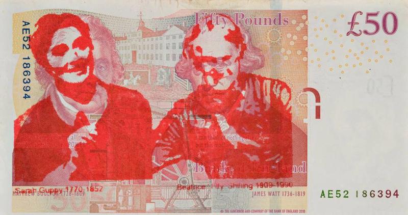Notable Women - Defaced British Bank Note, Paula Stevens Hoare, 2014, red & multicolour print on a £50 note (reverse), with Boulton and Watt over-stamped by portraits of engineers Sarah Guppy and Beatrice 'Tilly' Shilling © Paula Stevens-Hoare | Ashmolean One of artist Paula Hoare's Notable Women series of Defaced British Bank Notes in red and multicolour print on a £50 note. Shows portraits of Boulton and Watt obscured by overprinted portraits of Sarah Guppy and Beatrice 'Tilly' Shilling.
