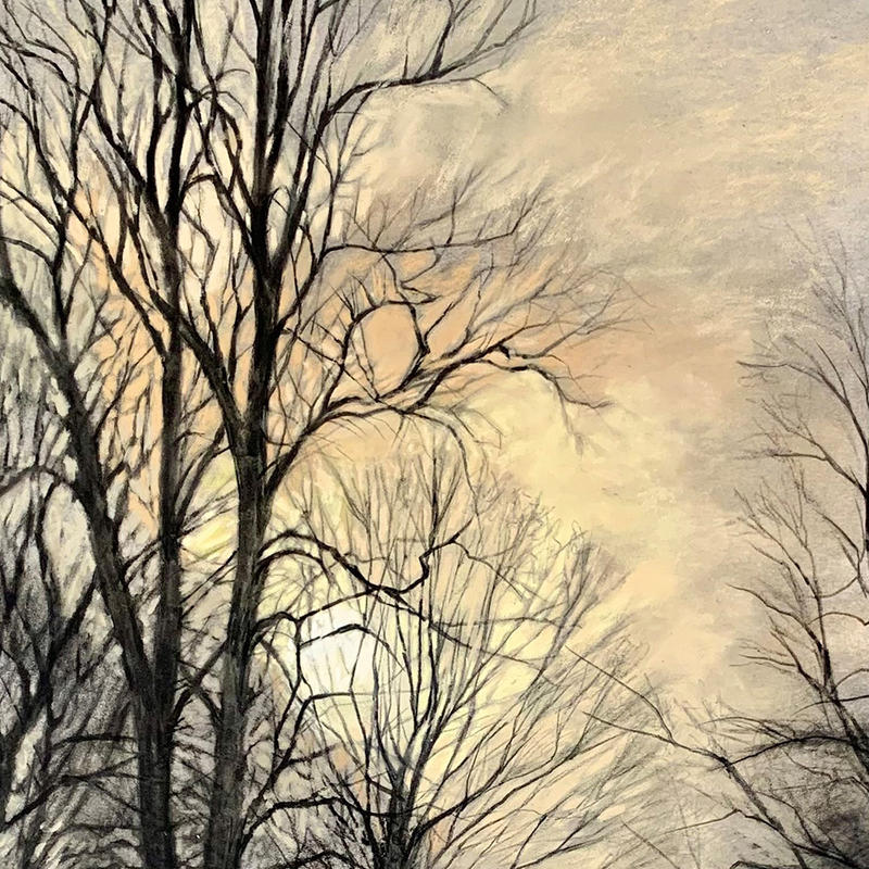 Original artwork of tree silhouettes against an orange and grey sky in pastels by artist Sandra Orme