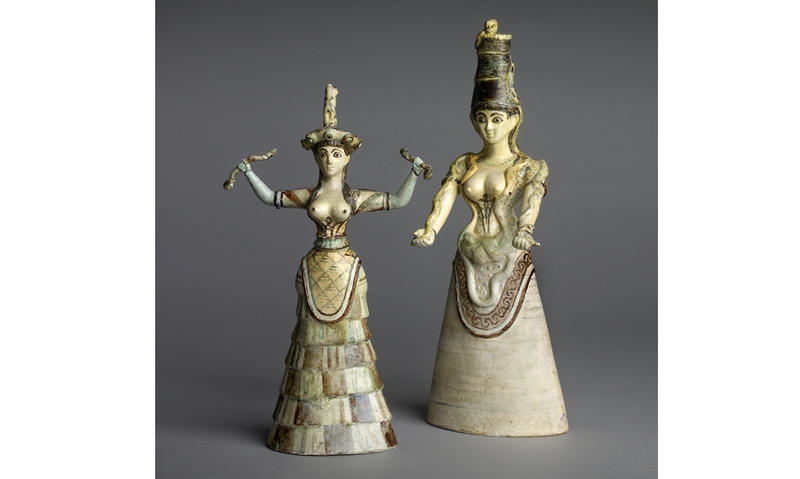 Snake goddesses figurines in Labyrinth Knossos exhibition