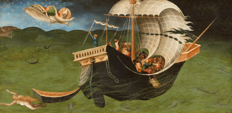 Animation of a painting showing Saint Nicholas banishing a stormy sea and saving a ship and its sailors