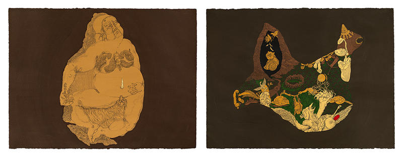 Two works by young Bangladesh artist Soma Surovi Jannat showing two artworks featuring figures and continent maps and themes of climate change