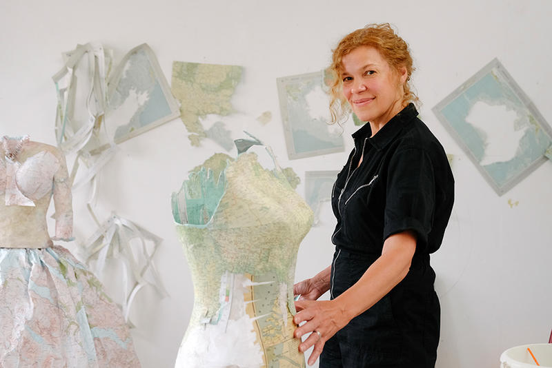 Artist Susan Stockwell making dresses in her studio 