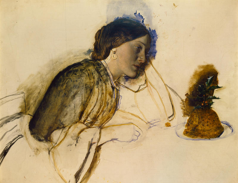 Incomplete painting of a woman looking at a Chrismtas pudding in front of her, decorated with holly leaves