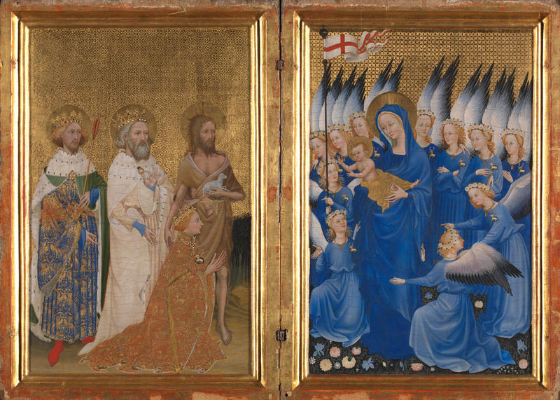 The 14th-century painting known as the Wilton Diptych showing King Richard II presented to the Virgin and Child by his Patron Saint John the Baptist and Saints Edward and Edmund