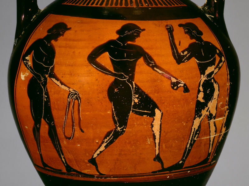 Three athletes on an ancient Greek attic black-figure pottery amphora