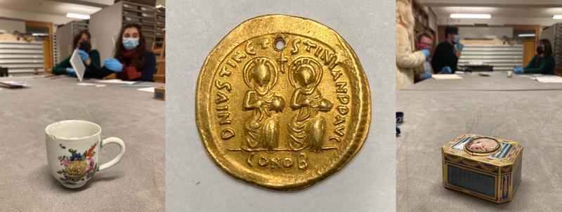 Objects in use at Krasis 13, Week 3: a chinese coffee cup of c.1750; a gold solidus of Justin and Justinian; a gold snuffbox of 1773
