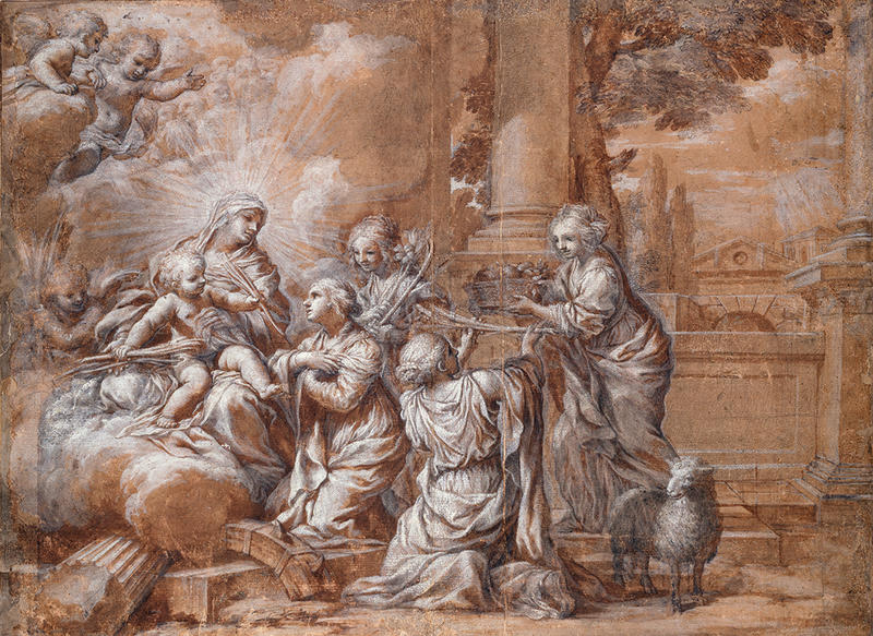 Ciro Ferri, The Virgin and Child with Female Martyrs, brush drawing in brown ink, heightened with body colour, over black chalk on buff paper Ciro Ferri, The Virgin and Child adored, brush drawing in brown ink, heightened with body colour, over black chalk on buff paper