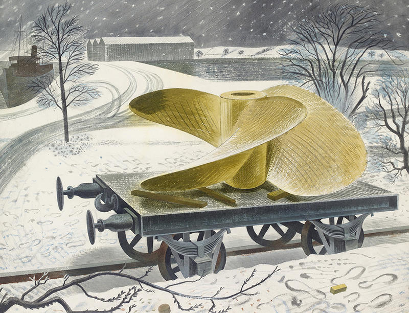 A huge ship's screw sits on a railway truck in a wintry snow scene by modern artist Eric Ravilious