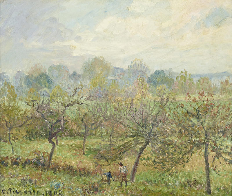 Autumn, Morning Mist, Eragny, by Camille Pissarro, oil on canvas, 1902 © Ashmolean Museum Landscape painting by Camille Pissarro of two small figures in a green field with trees both next to them and in the distance