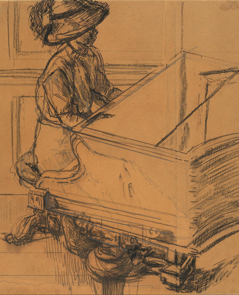 Sketch Study for 'Tipperary' showing a man playing a piano by Walter Sickert in black chalk, graphite, pen and blue ink on buff paper