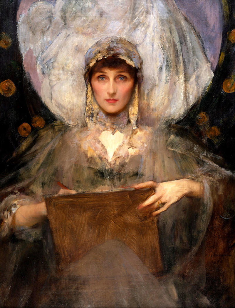 Striking Pre-raphaelite portrait of Violet Manners, Marchioness of Granby (detail), Sir James Jebusa Shannon, 1896, oil on canvas