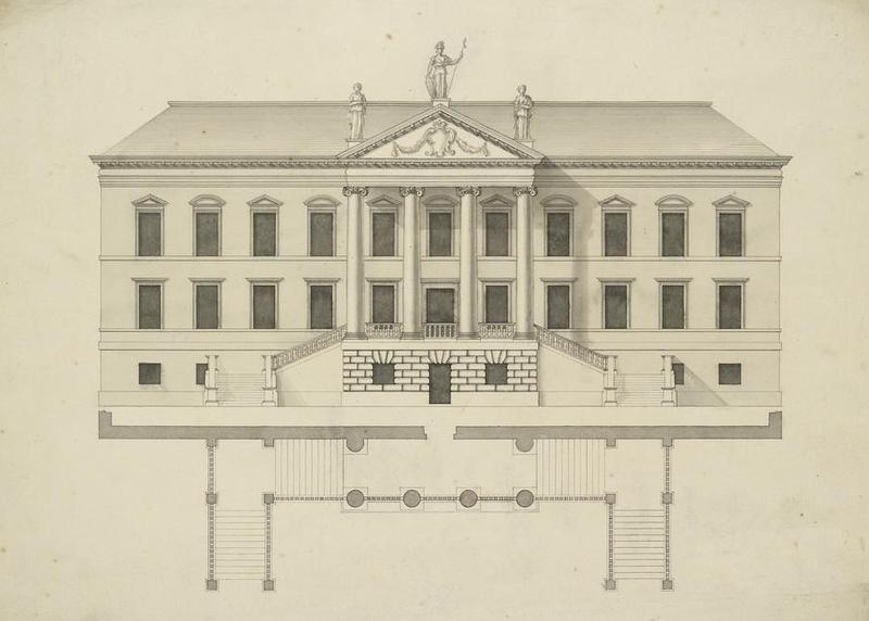 Pen and ink print of the exterior of a two-storey country house, with double sided stair leading up to the entrance and three statues on top of the façade 