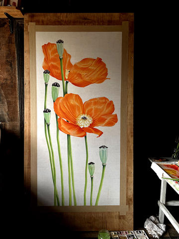 Large botanical painting of bright red poppy