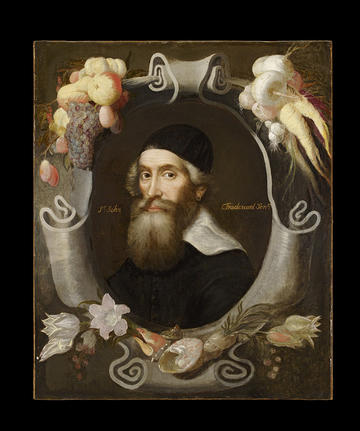 A highly decoratively framed portrait of John Tradescant the Elder, attributed to Emanuel de Critz dating to the 17th century. John Tradescant was a found of the Ashmolean's collection