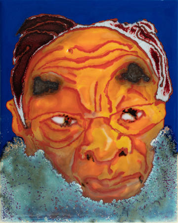 Colour-glazed porcelain showing a man's furrowed face in bright colours by Fang Lijun, 2023