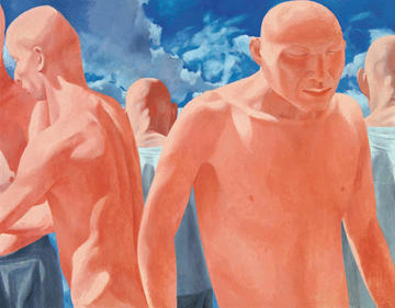 Colourful painting showing shaven men with torsos in fleshy pink and blue sky background, 90x120cmm by Chinese artist Fang Lijun, made in 1991-1992