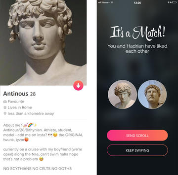 Screenshot of a constructed Tinder profile for the god Antinous matching with Hadrian