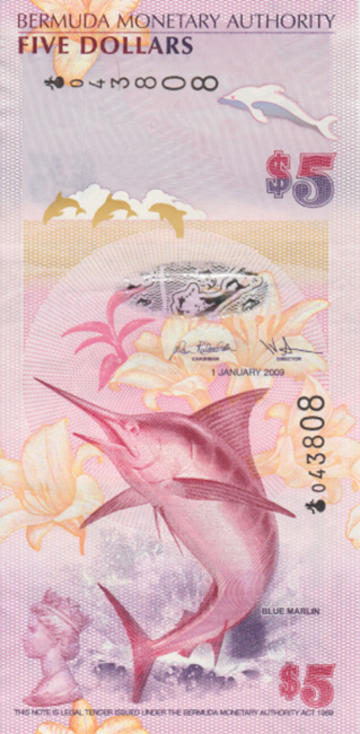 Bermuda's 5 dollar banknote showing a marlin and the Arnold Machin portrait of Queen Elizabeth II in bottom left corner