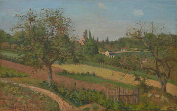 A landscape painting of a countryside scene by Camille Pissarro