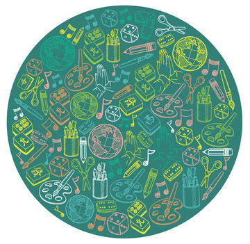 Circular icon with illustrations of different activities and actions on a green background - for our One World Family Festival 2026