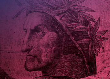 Dante After Hours with TORCH Etching of the poet Dante, in profile, with pink tint overlaid