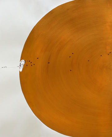 Section of the Between the Sea and the Sky 30-foot scroll artwork by Soma Surovi Jannat showing an orange half globe and tiny bees and ants