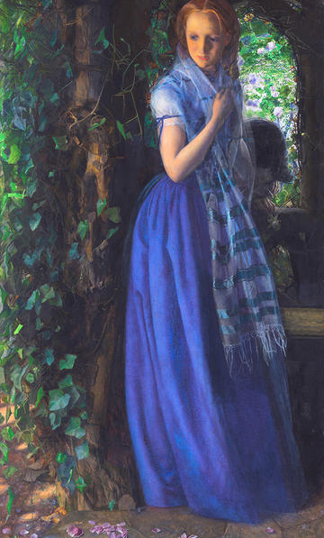 April Love by Arthur Hughes. 1855-6, oil on canvas, depicts a young woman in a bluey-purple dress, looking down at fallen rose petals as her suitor bends to kiss her hand
