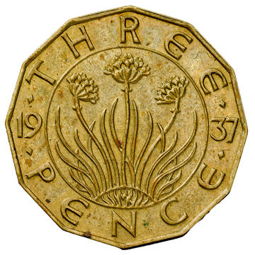 Three thrift flowers by Madge Kitchener, proposed for King Edward VIII's brass threepence, reverse, 1937 © Royal Mint Museum Three thrift flowers coin design by Madge Kitchener, proposed for King Edward VIII's brass threepence, reverse, 1937