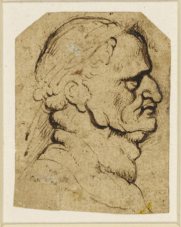 Head of Vespasian sketch by Rubens, after a coin; in profile to right, wearing a laurel crown in pen and brown ink