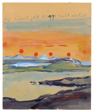 Expressionistic landscape painting showing suns and mountains with prommentary by artist Anselm Kiefer entitled Art will survive its ruins