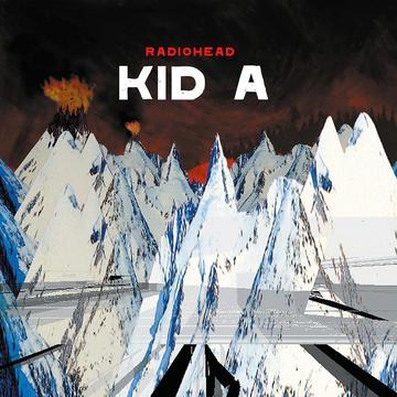 Kid A album cover by Radiohead showing spiky mountains against a dark red ominous sky with fires