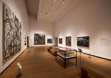 View of the large-scale Battle of Hermann woodcut painting and other artworks and book display in Gallery 2 of the Anselm Kiefer exhibition