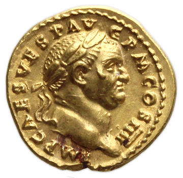 Roman gold coin showing the Emperor Vespasian in profile facing right 
